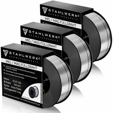 STAHLWERK MIG MAG Fil Fourré Premium Ø 0,8 Mm, Fil FLUX Fil De Soudage E71T-GS, Bobine D100 1 Kg à Mandrin De 16 Mm, Fil Universel Jeu De 3 3 STAHLWERK MIG MAG Fil Fourré Premium Ø 0,8 Mm, Fil FLUX Fil De Soudage E71T-GS, Bobine D100 1 Kg à Mandrin De 16 Mm, Fil Universel Jeu De 3