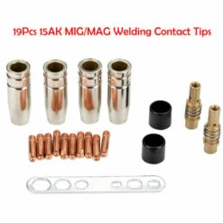 TOPHOMER 19Pcs Embouts De Contact De Buse De Soudage 15AK MB-MIG/MAG Ensemble De Support De Connecteur De Gaz M6 0,8x25mm (10 X Contact, 4 X Buse, 2 X Connecteur, 2 X Isolant, 1 X Outil)